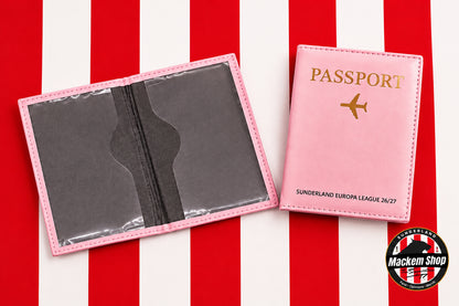 A pink faux leather passport holder set displayed on a red and white themed background with mackemshop logo in right downside corner.