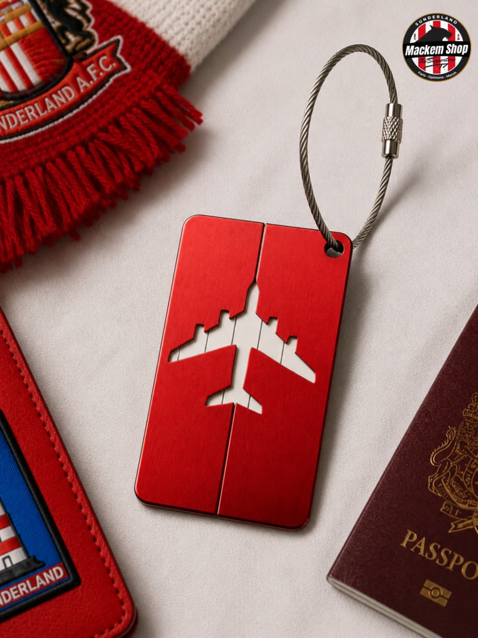 A red rectangular luggage tag with a white airplane silhouette cutout, attached to a gray wire loop. The tag is styled on a light surface with sports patches, a passport, and a red scarf nearby.