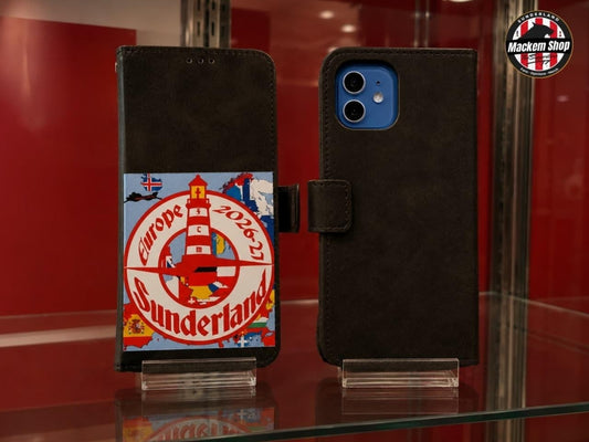 A Black faux-leather folio phone case shown from both front and back. The front cover features a colorful graphic print, while the back shows a blue camera cutout and a black magnetic closure.