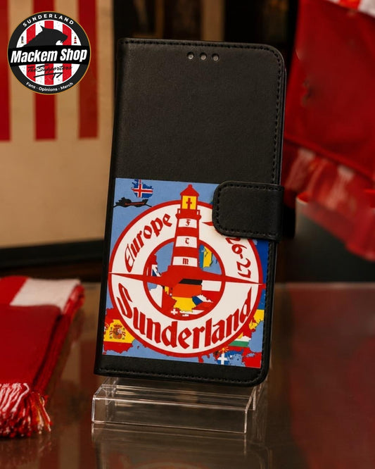 Black folio iPhone case featuring a colorful printed Sunderland European tour graphic, displayed on a clear stand.