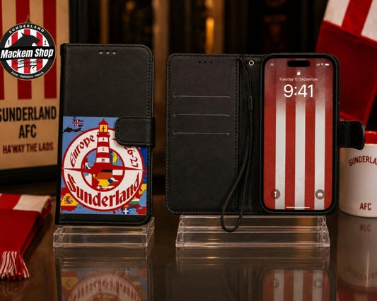 Black folio iPhone case with Sunderland AFC themed graphics, shown closed and open with a phone inserted on clear display stands.