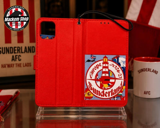 A red folio iPhone case with a Sunderland European tour patch on the inside flap, displayed on a clear stand.