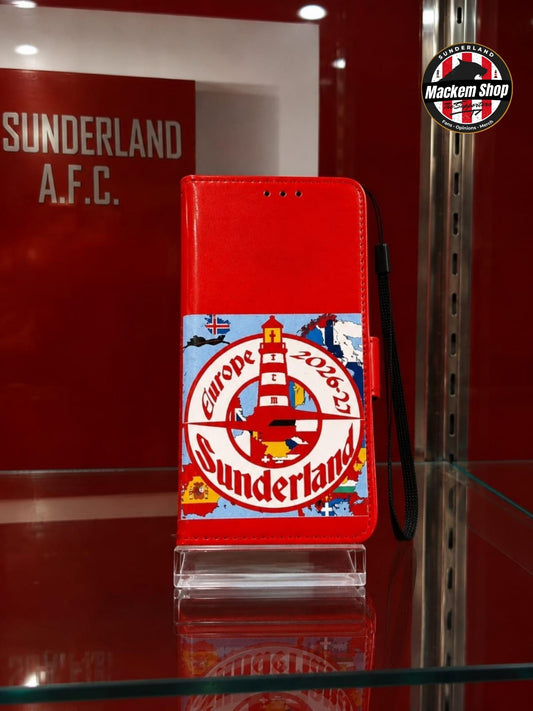 A red iPhone folio case with Sunderland European tour 2026-27 printed on it.