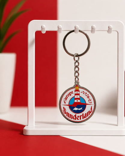 Sunderland keychain on a display stand with a red background