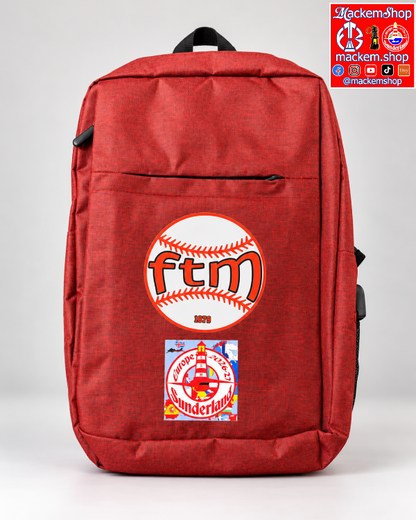 A red heather backpack with a front pocket featuring a baseball graphic with 'ftm' and a '2026-27' patch, A 'Mackem-Shop' logo overlay is in the top right corner.