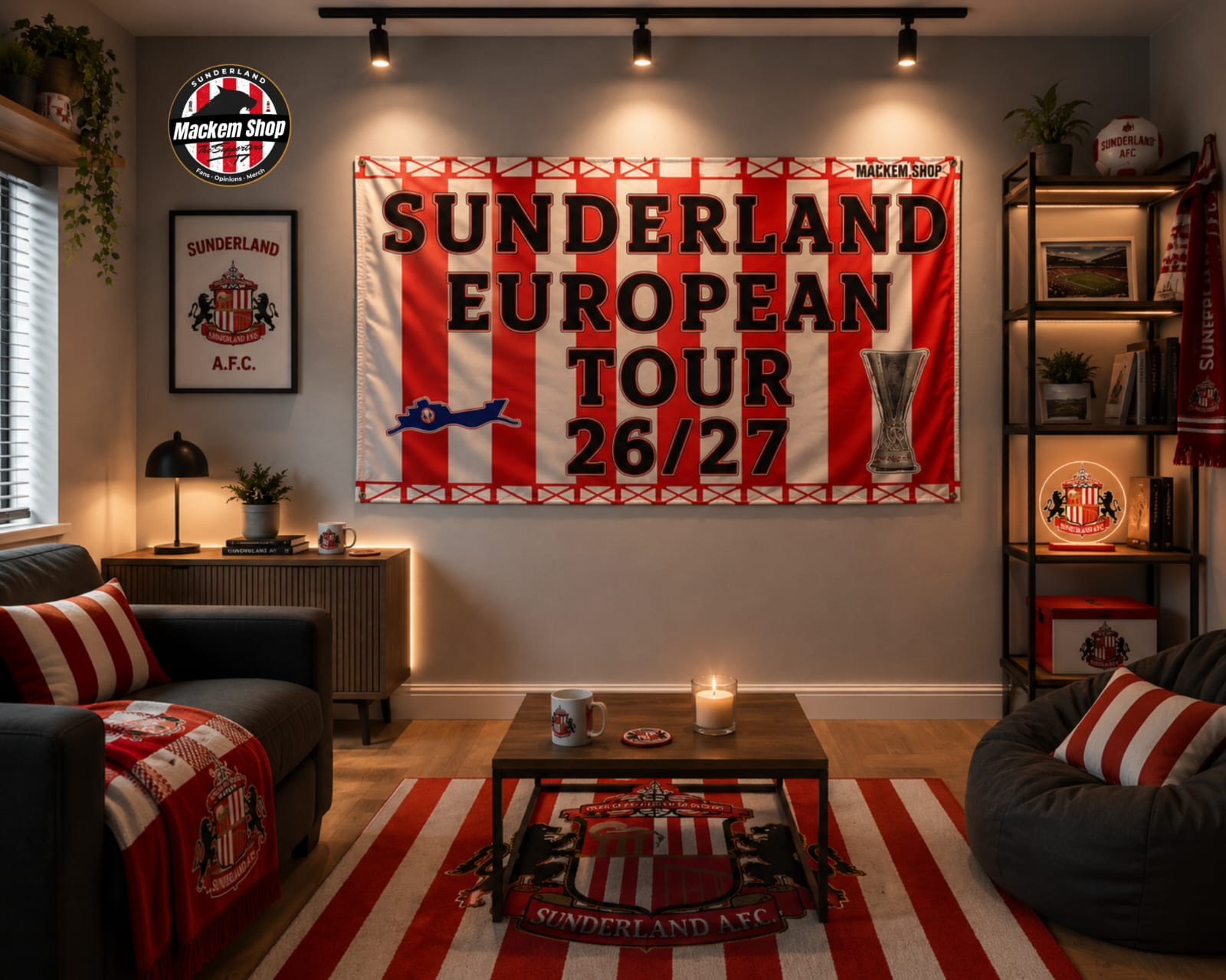 Living room with Sunderland European Tour banner on the wall