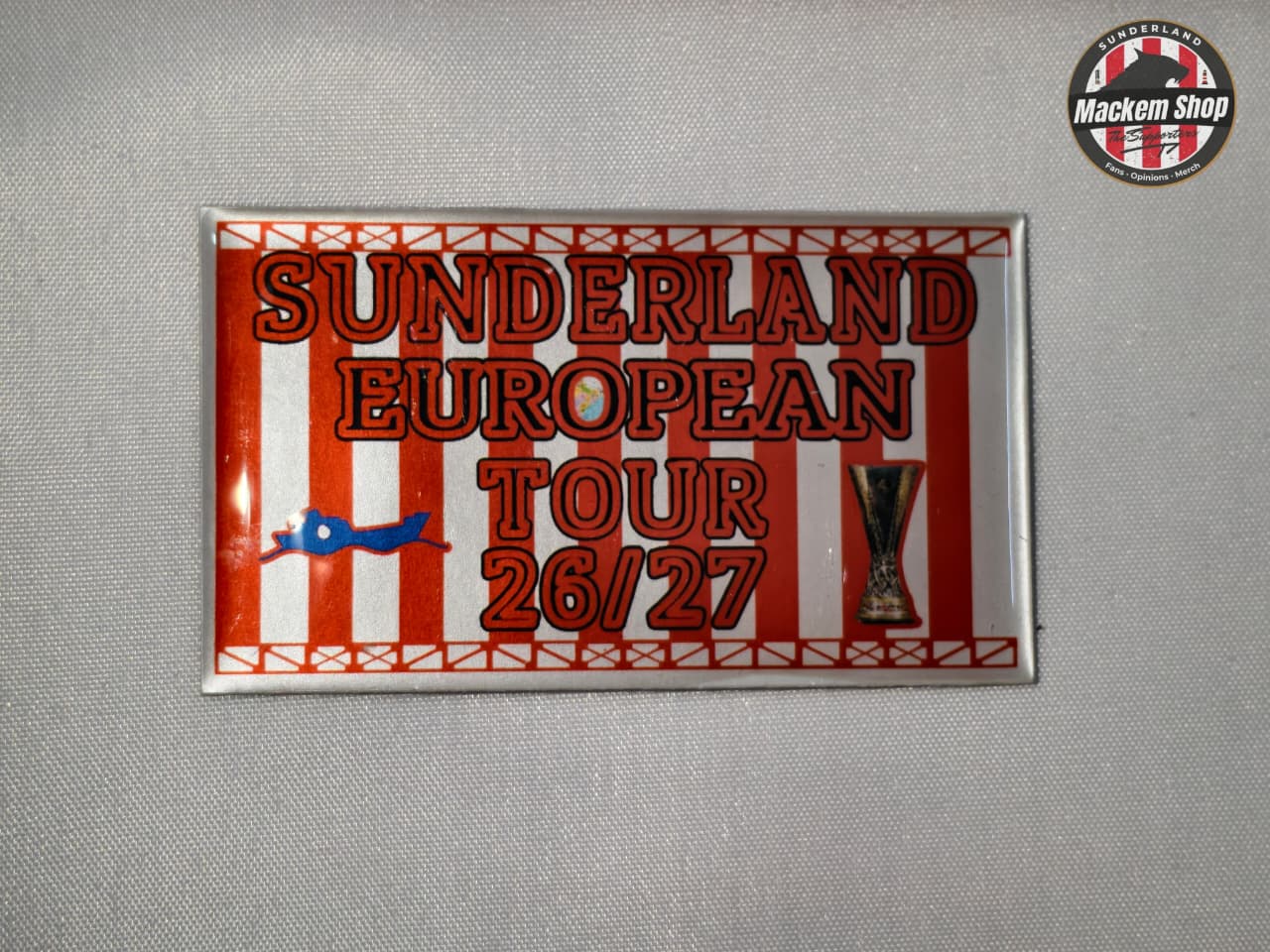 Sunderland European Tour 26/27 Fridge with red and white stripes on a gray background fridge.