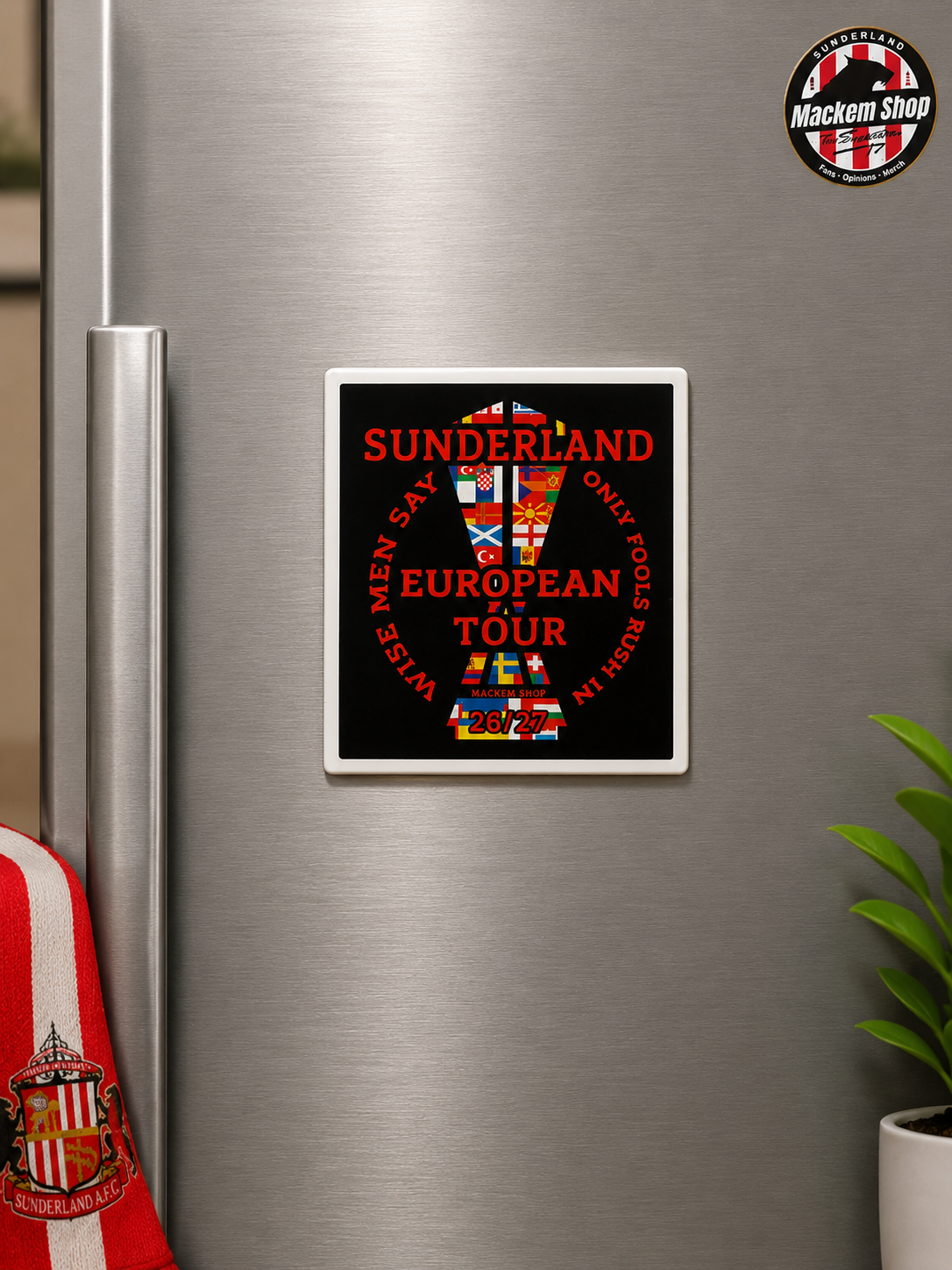 Fridge magnet with Sunderland FC design on a refrigerator