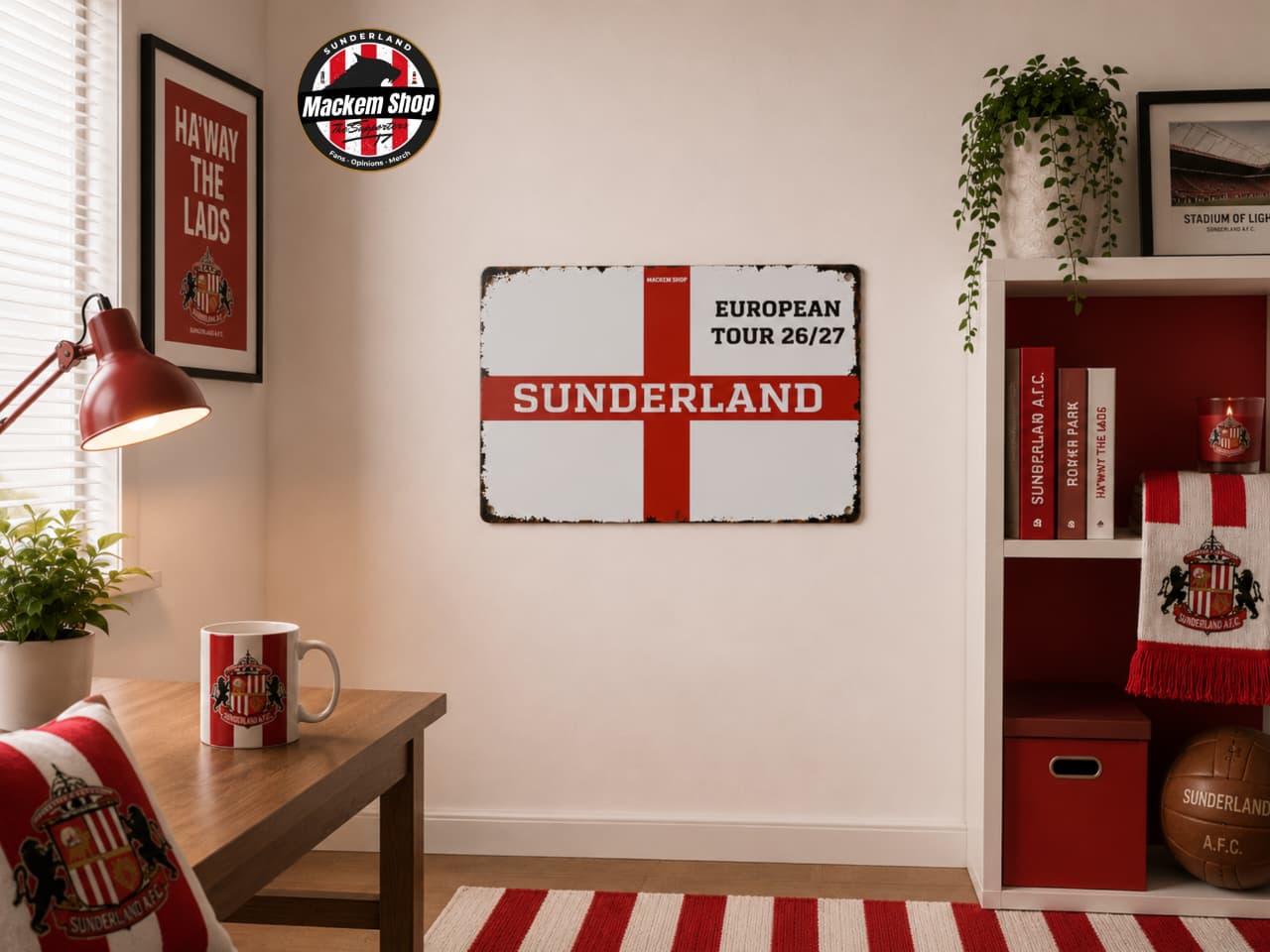 Room interior with Sunderland-themed decor, including a sign and mug.