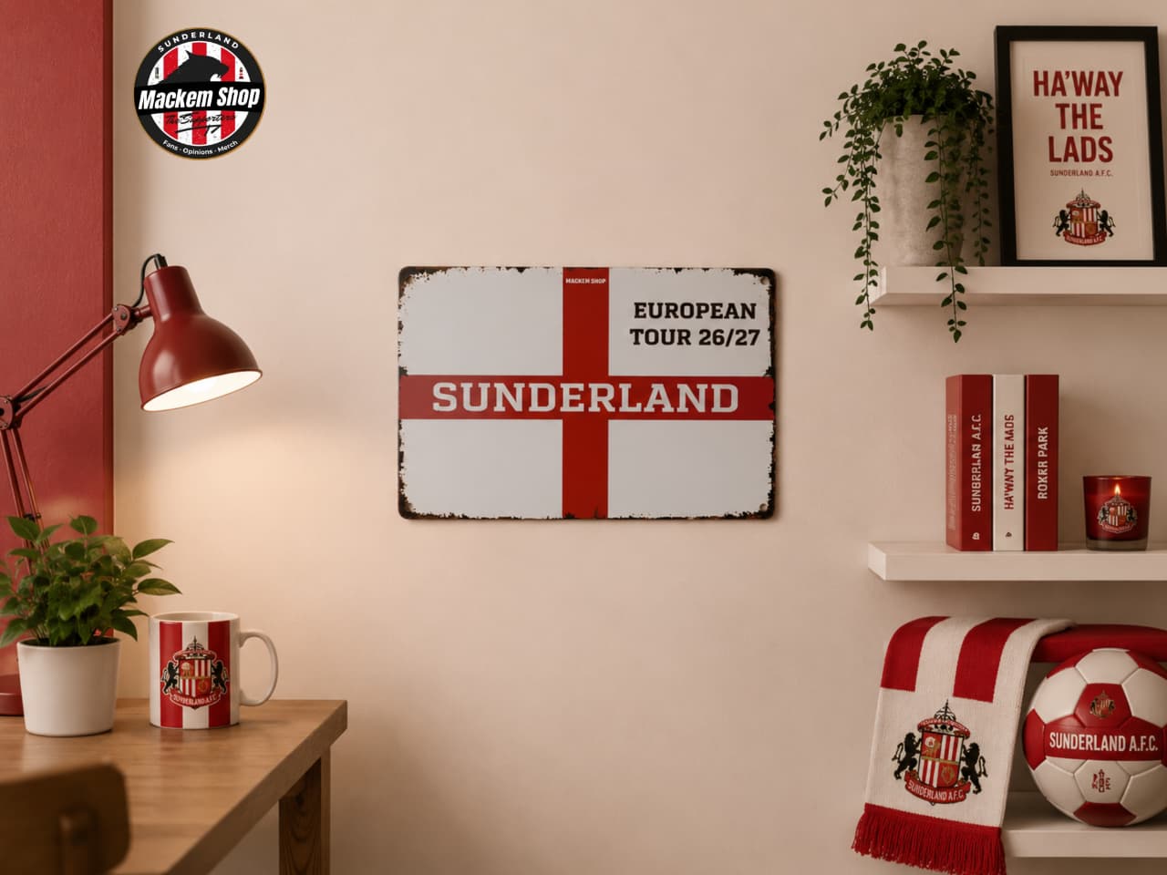 Room interior with Sunderland-themed decor, including a sign, mug, and blanket.