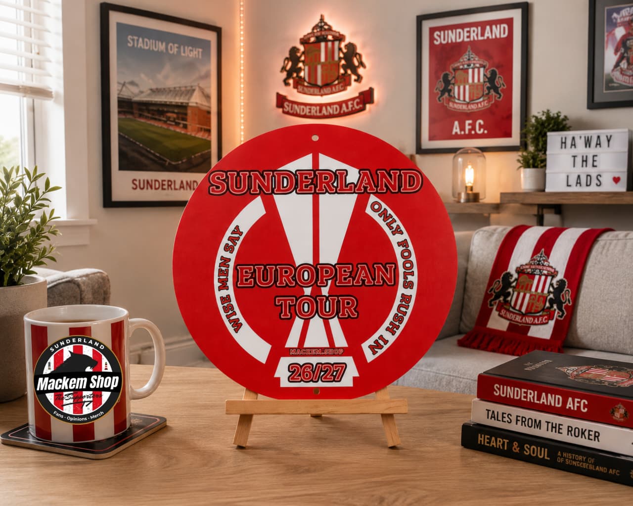 Sunderland AFC themed decor items in a living room setting
