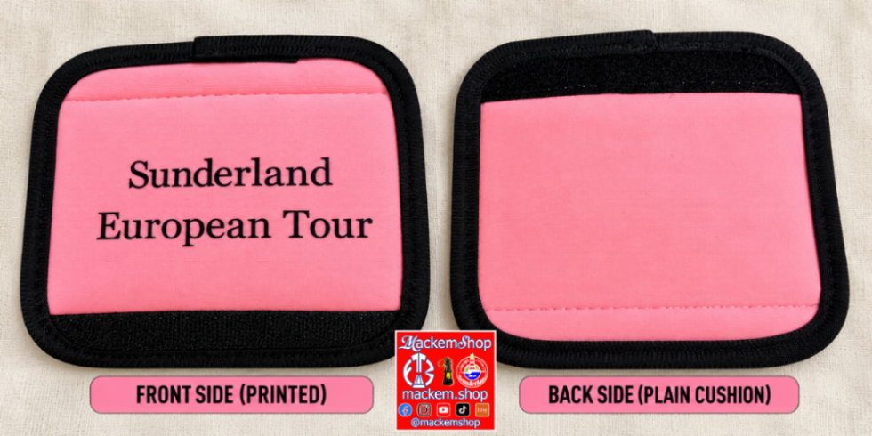 Two pink travel cushion covers with black trim shown side by side on a light fabric background. The left cushion is labeled 'Sunderland European Tour' on the front, and the right cushion shows the plain back side. A MackemShop logo is visible on the middle down part.