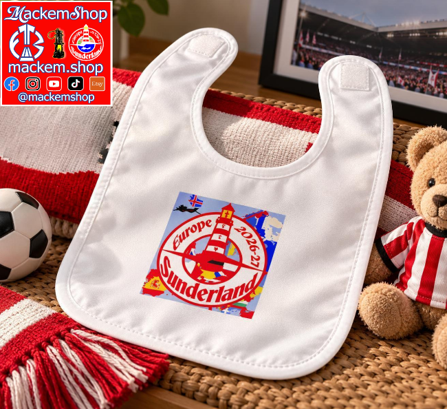 A white baby bib with a colorful 'Europe 2024 Sunderland' graphic print, styled on a woven mat with a red-and-white striped blanket, a teddy bear, and a soccer ball. A Mackemshop.