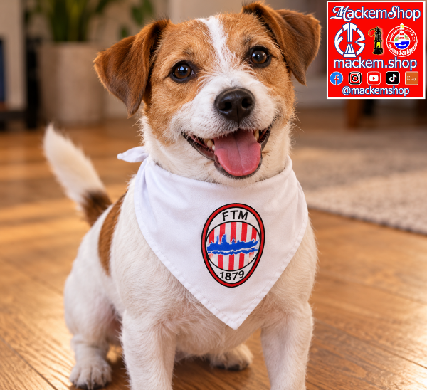 A small brown and white dog wearing a white bandana with the (FTM 1879) logo, sitting on a wooden floor. A 'Mackemshop' brand overlay is visible in the top right corner.