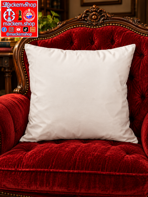 A white pillowcase with a sofa pillow in it on a red vintage sofa with MackemShop logo visible on top left corner.
