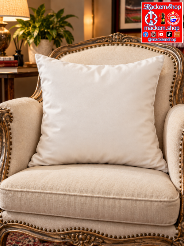 A plain off-white rectangular throw pillow displayed on an ornate beige armchair in a furnished room, with a visible MackemShop logo overlay in the top right corner.