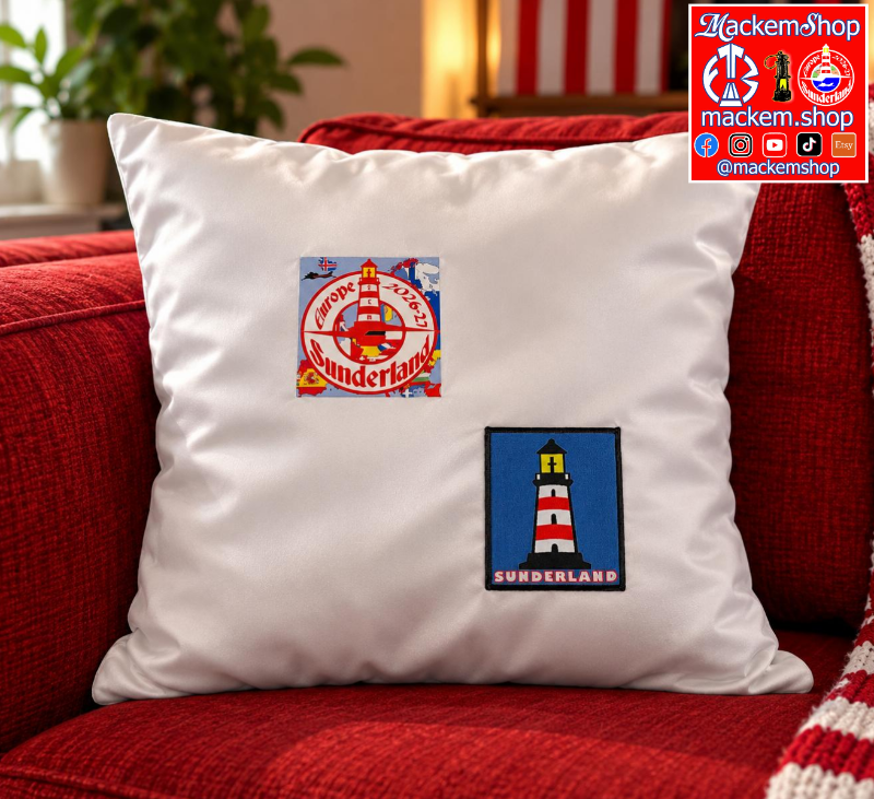 A white pillowcase with embroidered Sunderland patches, resting on a red armchair. A 'MackemShop' brand logo is visible in the top right corner.