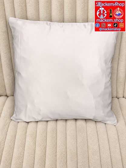 A plain white rectangular pillow cushion cover resting on a beige ribbed upholstered chair. A 'MackemShop' logo overlay is visible in the top right corner.