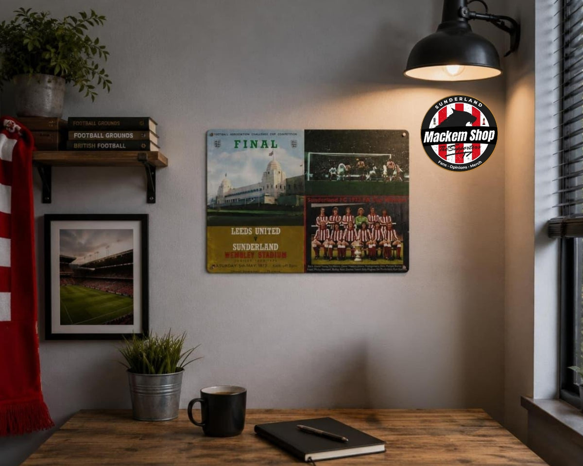 A styled room scene showing a wall-mounted set of football-themed prints and a circular 'Mackem Shop' badge. The central product appears to be Metal Sign: a vertical 'FINAL' stadium print, a horizontal match collage with team photos, and a framed stadium scene on the left.