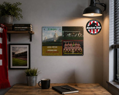 A styled room scene showing a wall-mounted set of football-themed prints and a circular 'Mackem Shop' badge. The central product appears to be Metal Sign: a vertical 'FINAL' stadium print, a horizontal match collage with team photos, and a framed stadium scene on the left.