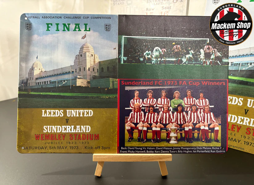 Collage of football memorabilia including a match poster and team photo, with 'Mackem Shop' branding.