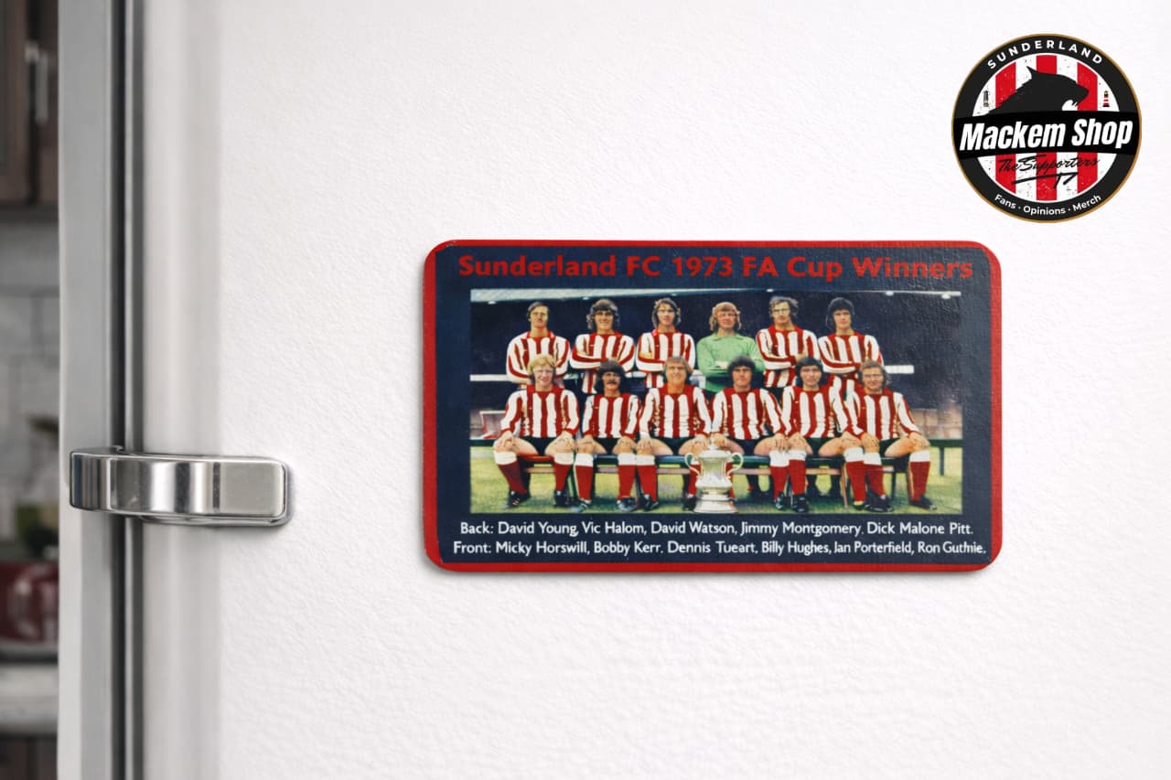 Fridge magnet of Sunderland FC 1973 FA Cup Winners on a white refrigerator.