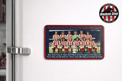 Fridge magnet of Sunderland FC 1973 FA Cup Winners on a white refrigerator.