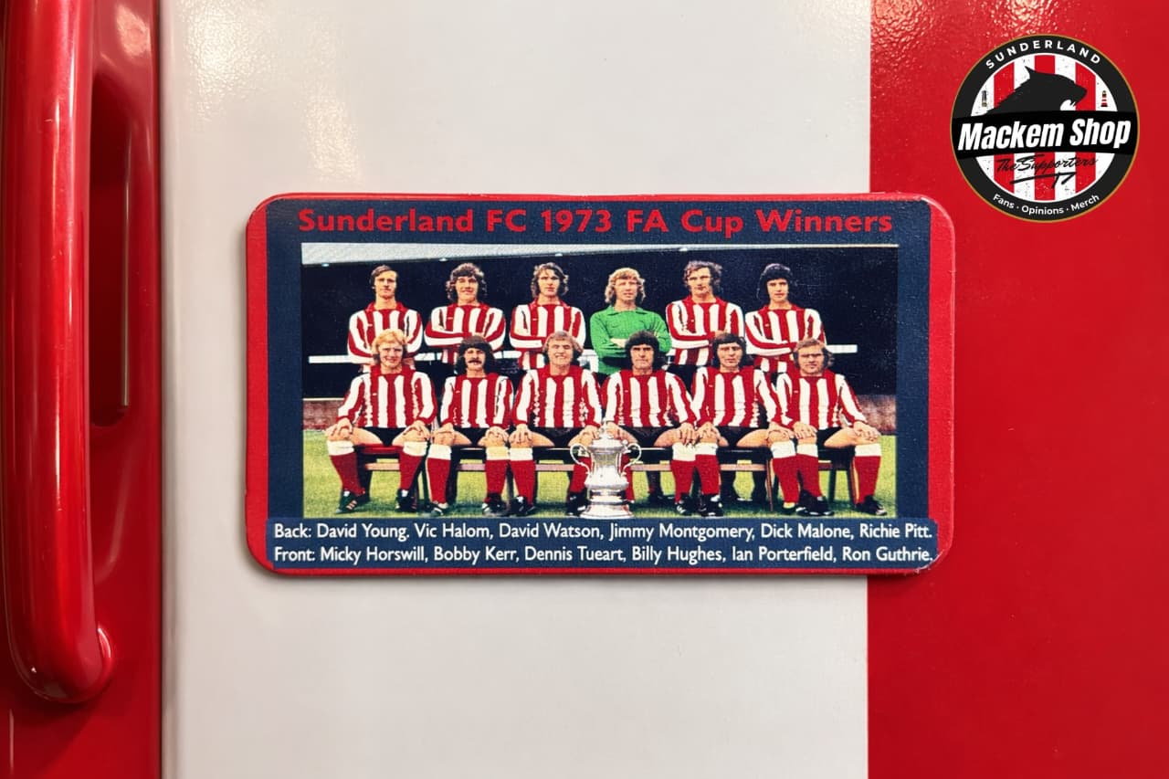 Fridge magnet of Sunderland FC 1973 FA Cup Winners with team photo and names on a red background.