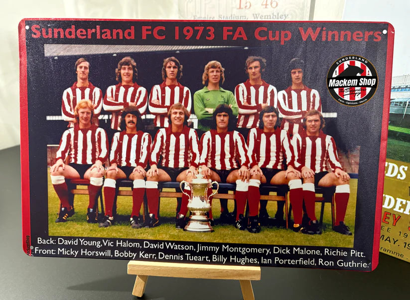 Metal sign celebrating Sunderland FC 1973 FA Cup Winners with a team photo and trophy.