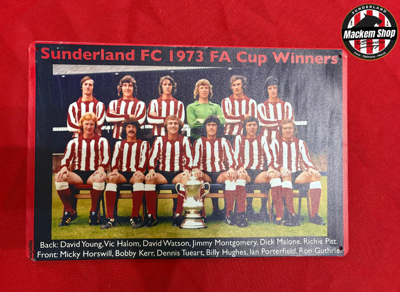 Sunderland FC 1973 FA Cup Winners team photo on a red background