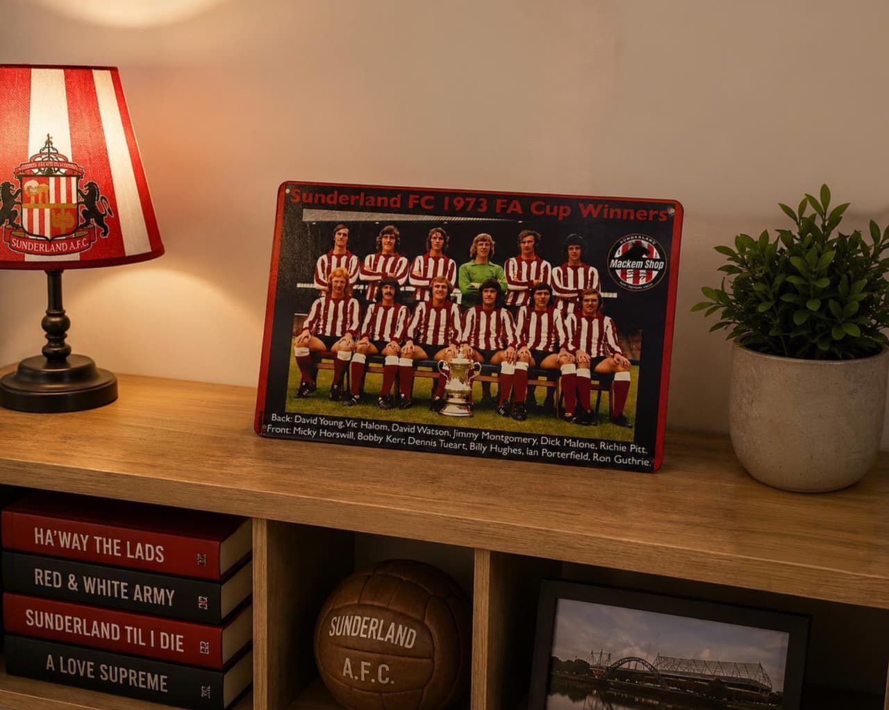 Sunderland FC 1973 FA Cup Winners Metal sign on a wooden shelf with a lamp and plant in the background.