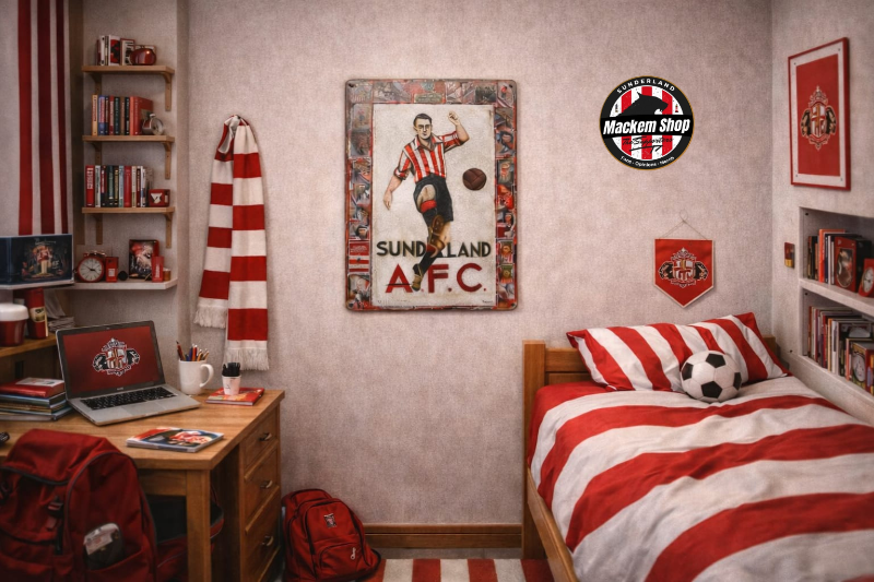 Children's bedroom with Sunderland AFC theme, including a metal sign by Mackem shop.