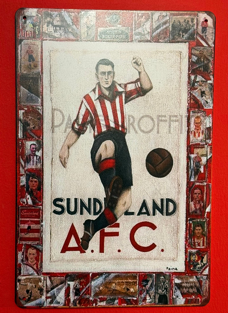 Vintage-style poster of a football player with 'Sunderland A.F.C.' text, surrounded by smaller images and text.