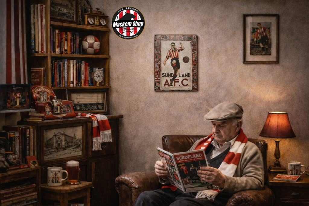 Man reading a newspaper in a cozy room with bookshelves and a metal sign by a Mackem shop.