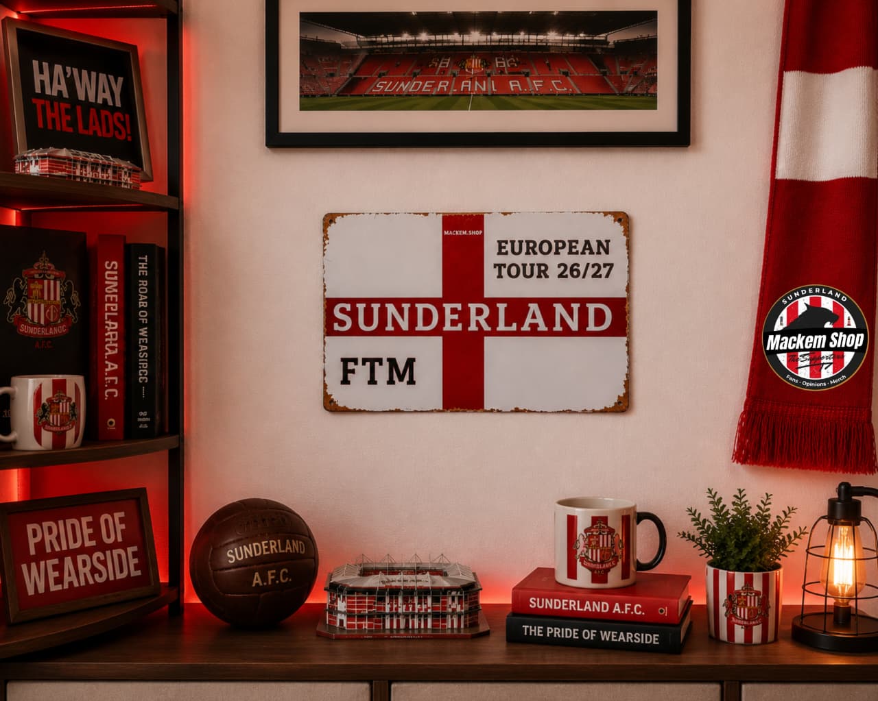 Room interior with Sunderland AFC memorabilia including a flag, mug, and books.