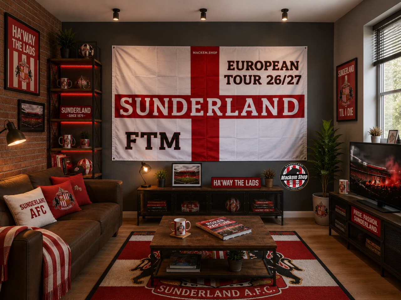 Living room with Sunderland AFC themed decor, including a large flag and branded items.