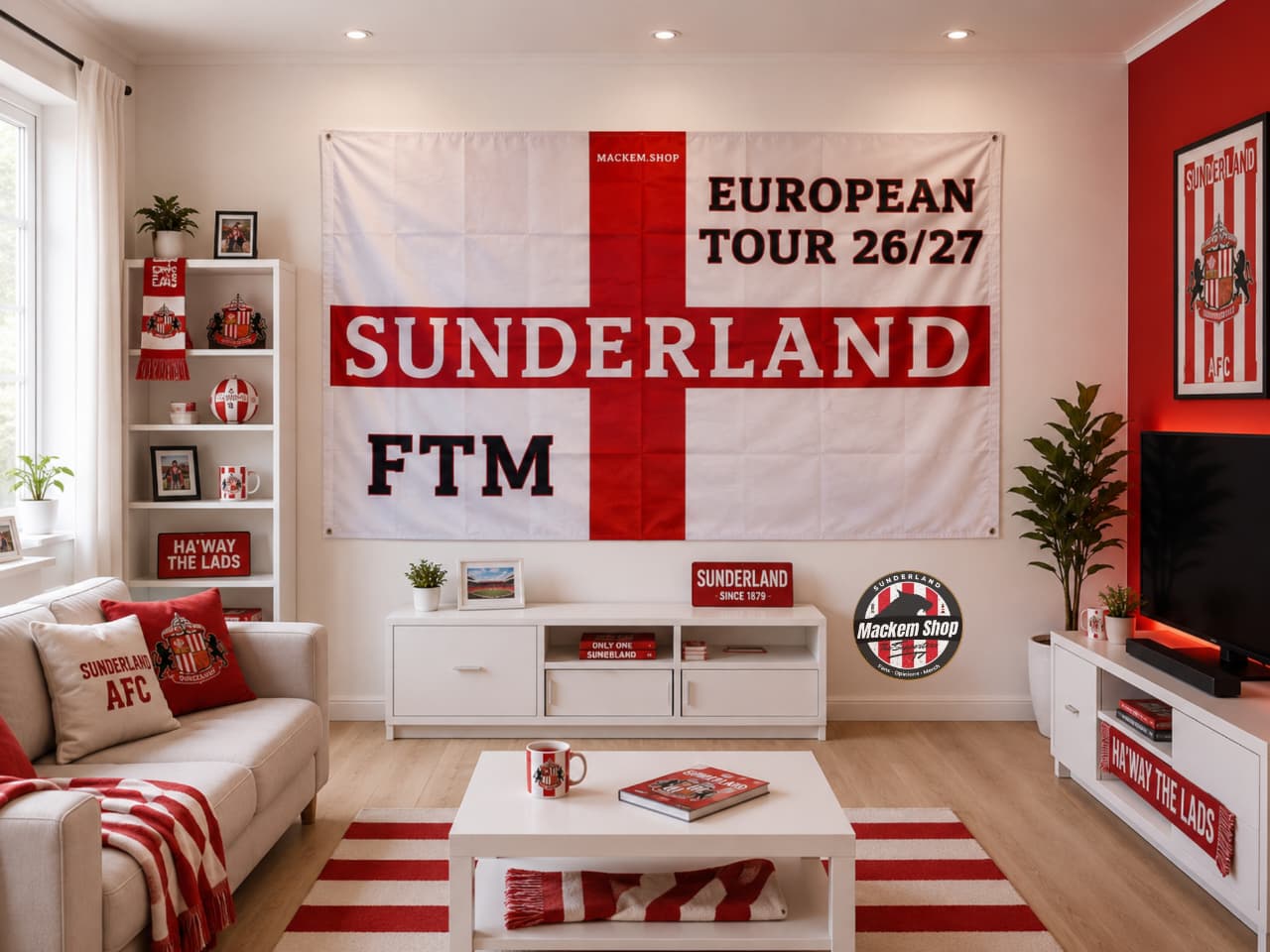 Living room with Sunderland AFC themed decor, including a large banner and flags.
