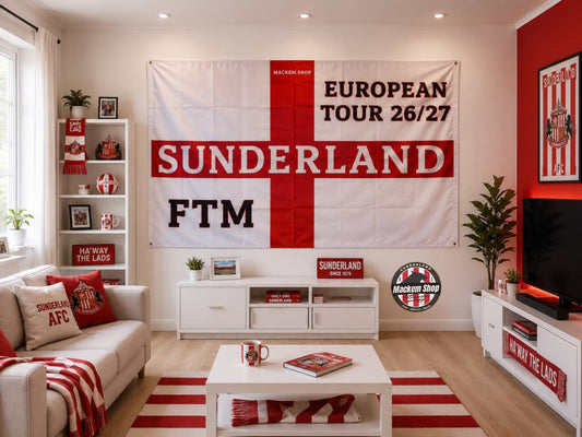 Living room with Sunderland AFC themed decor, including a large banner and flags.