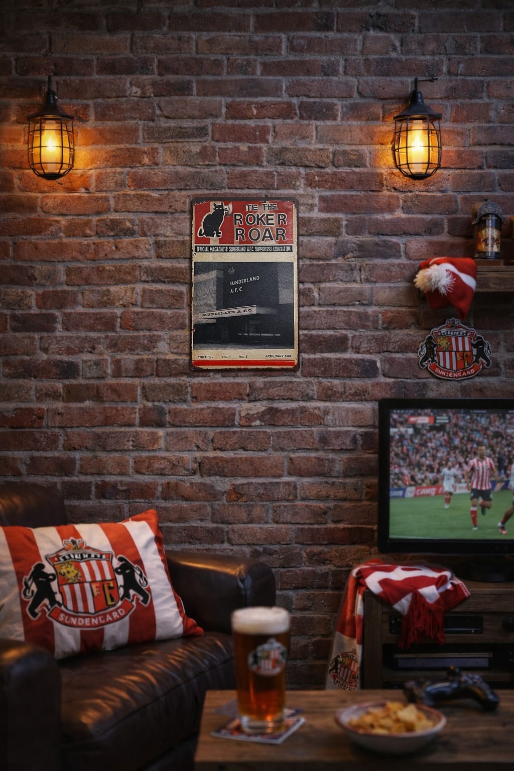 The Roker roar in a Bar interior with brick wall, TV showing sports, and decorative pillows.