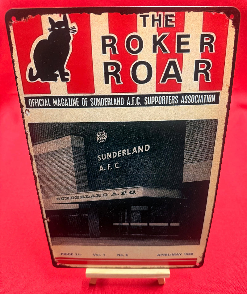 Vintage magazine cover of 'The Roker Roar' with Sunderland AFC branding on a red stand.