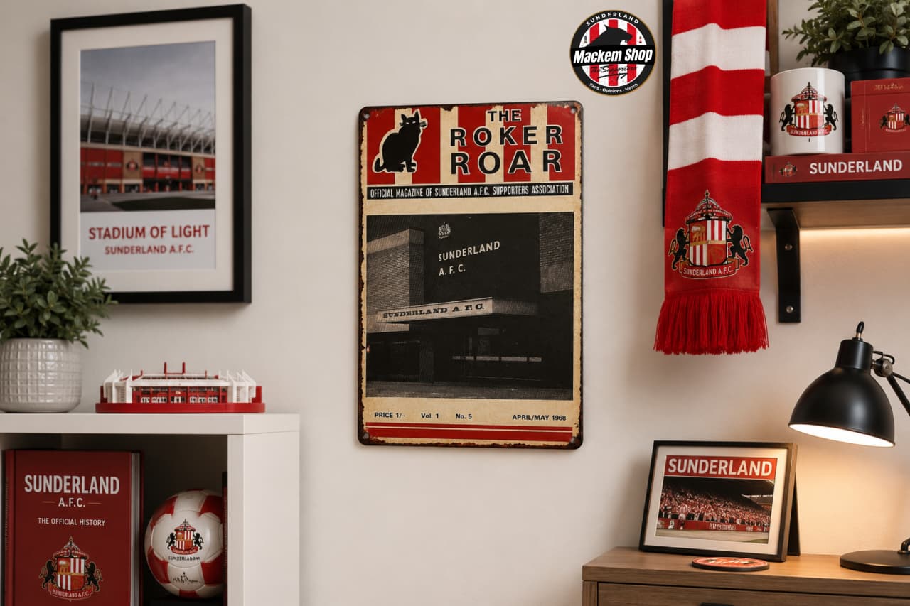 Sunderland AFC memorabilia including a poster, scarf, and framed pictures on a wall.