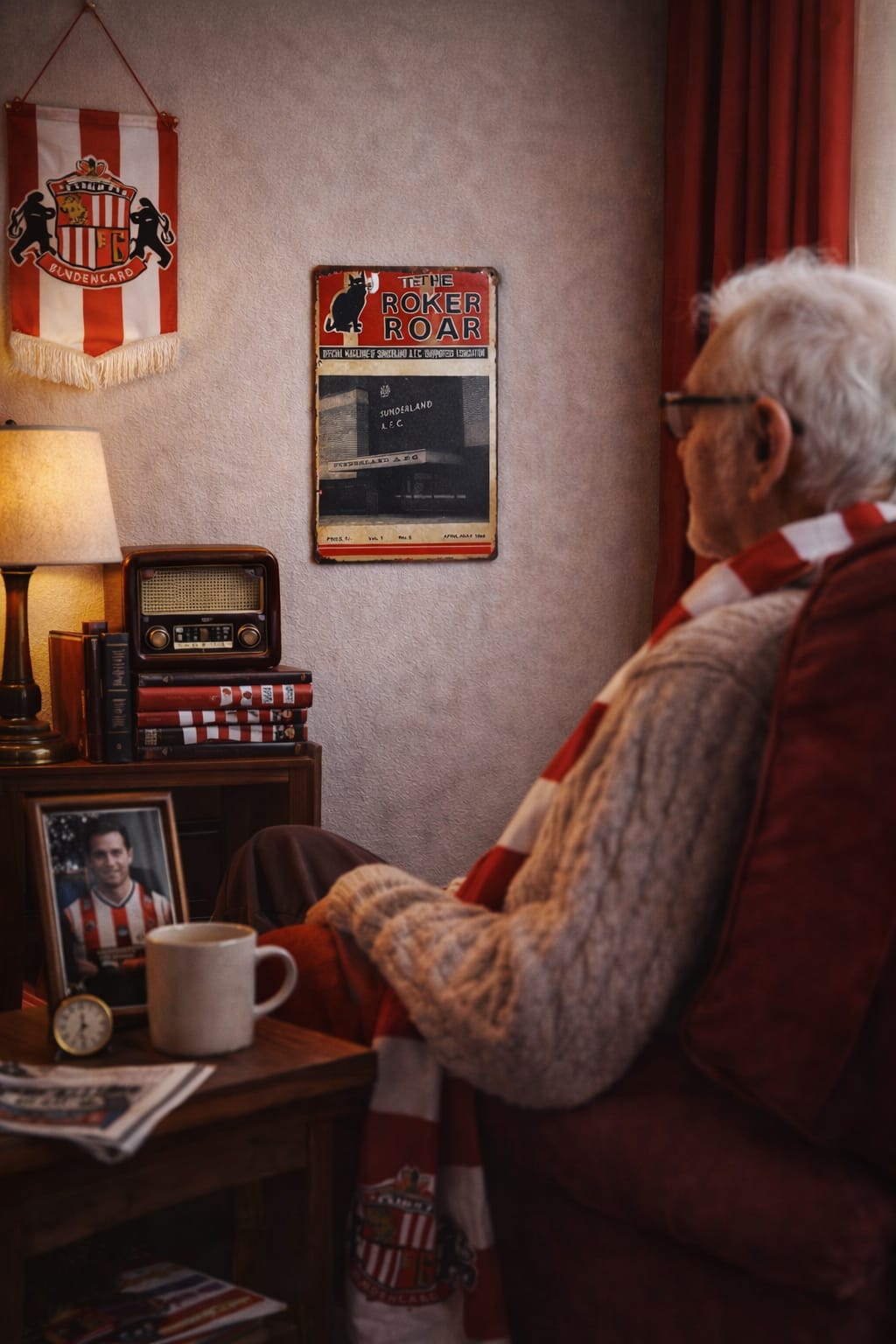 Man sitting in a room with sports memorabilia, including a flag and a plaque on the wall.