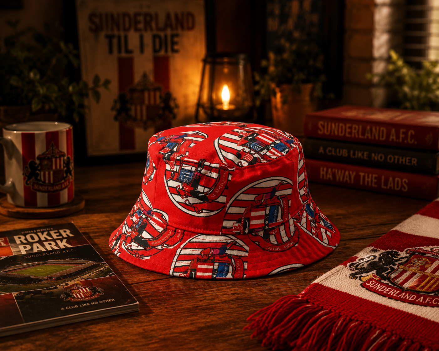 Red bucket hat with white patterns on a wooden table with books and a mug.