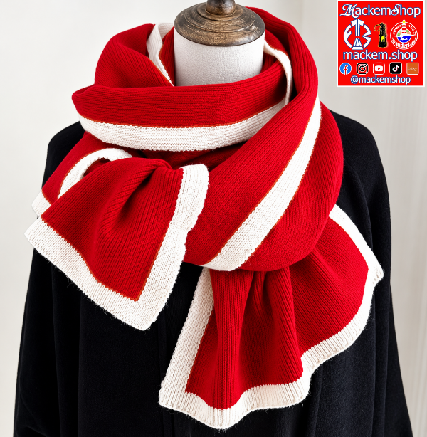 A red and white striped knit scarf wrapped around a black mannequin torso, with a visible 'mackemshop' logo overlay in the top right corner.