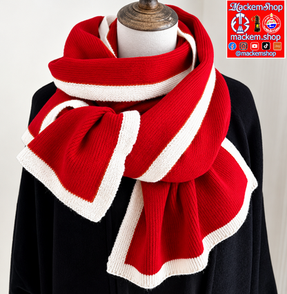 A red and white striped knit scarf wrapped around a black mannequin torso, with a visible 'mackemshop' logo overlay in the top right corner.