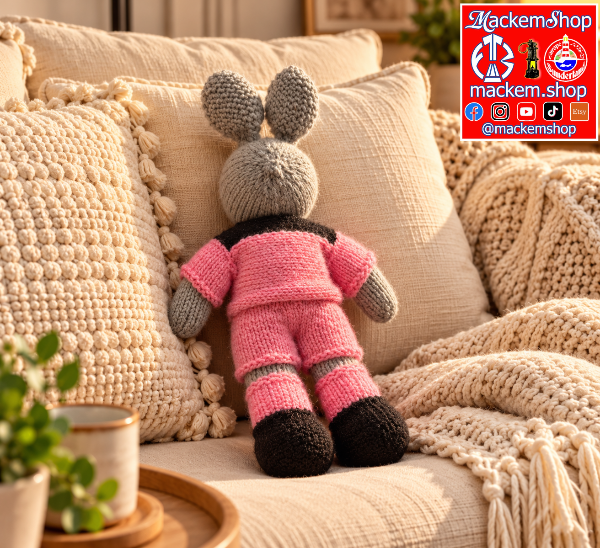 A hand-knit plush bunny wearing a pink outfit with gray and black accents, sitting on a cozy beige couch with textured pillows and a knit blanket. A 'MackemShop' brand logo overlay is visible in the top right corner.