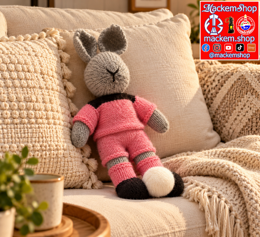 A knitted plush Rabbit wearing a pink outfit with gray and black accents, posed on a beige sofa with textured pillows and a throw blanket. A red and white MackemShop logo overlay is visible in the top right corner.