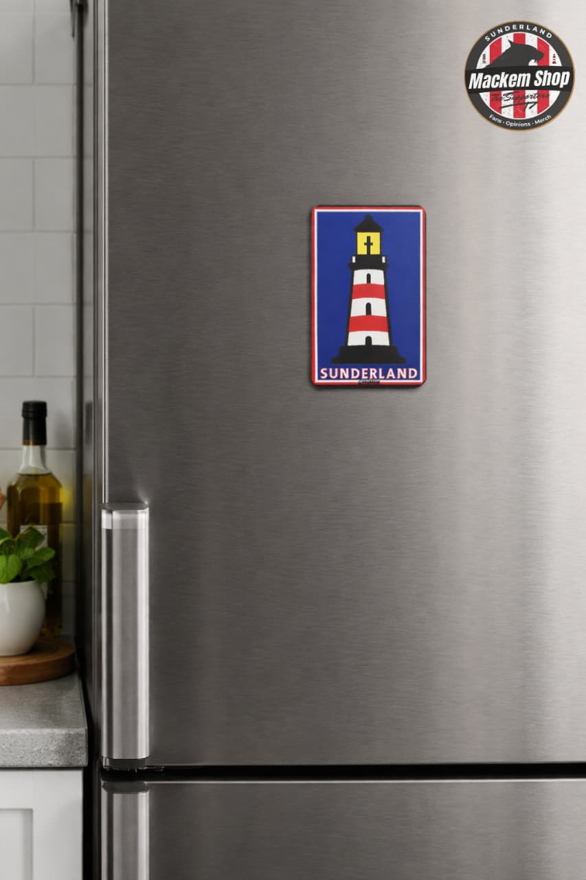 Fridge with a Sunderland lighthouse magnet.