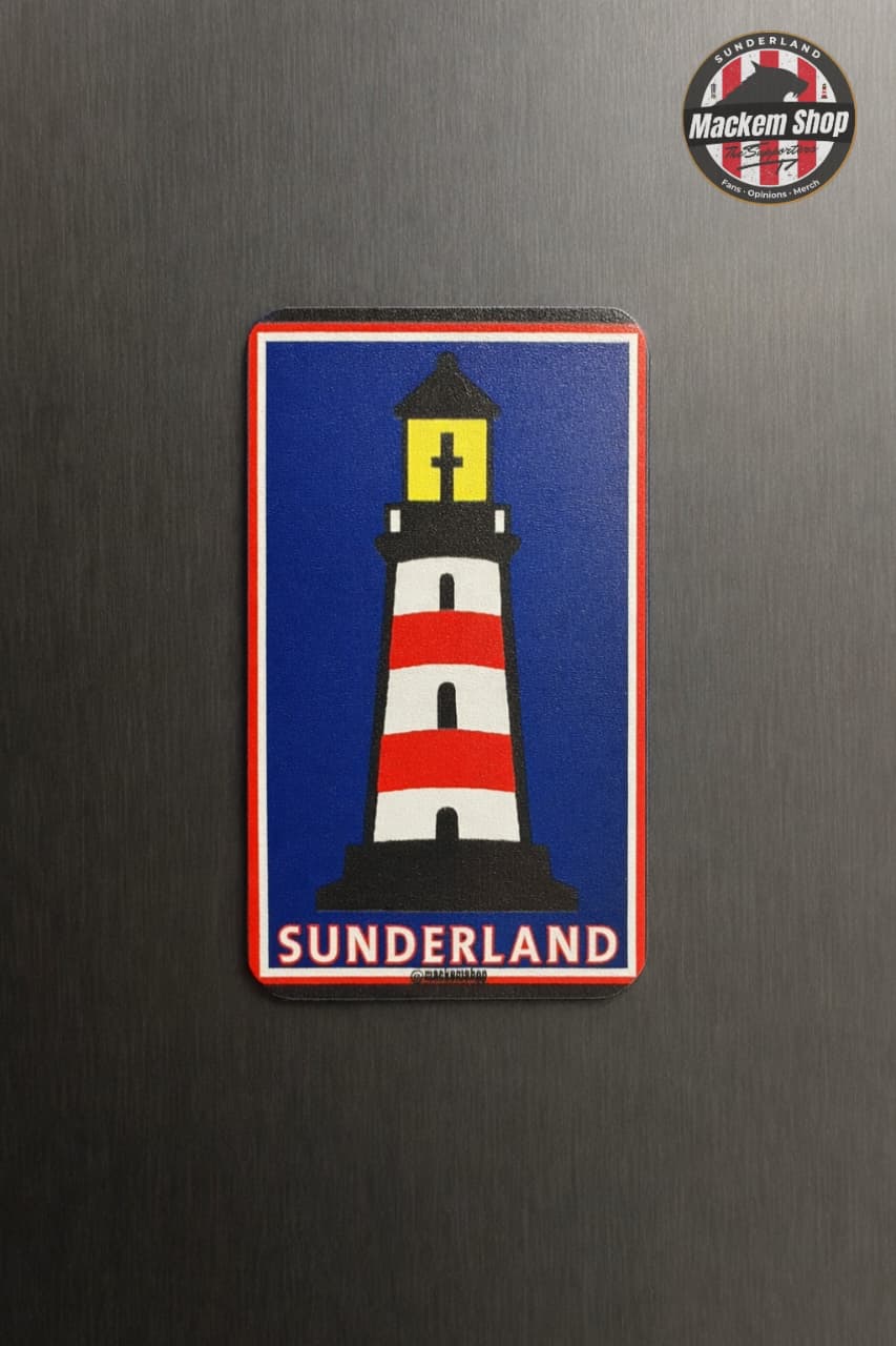Sticker of a lighthouse with 'Sunderland' text on a dark background