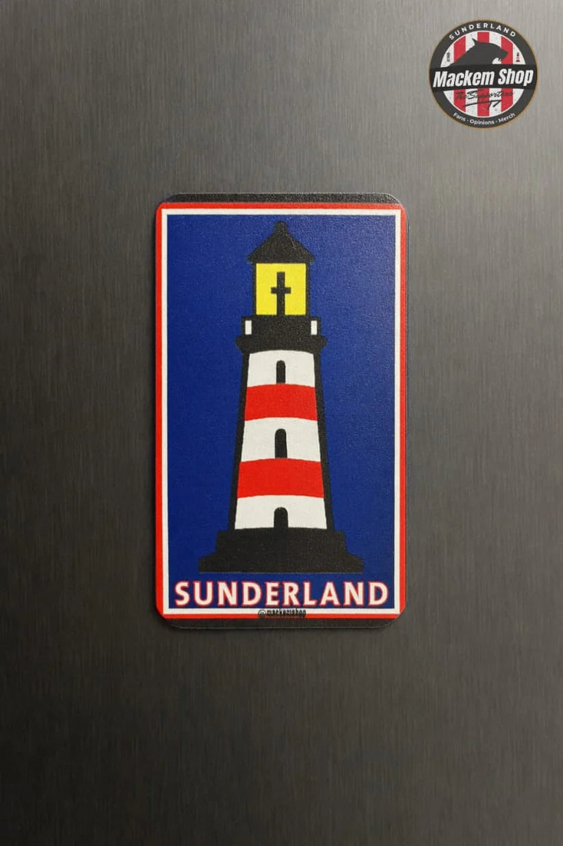 Sticker of a lighthouse with 'Sunderland' text on a dark background